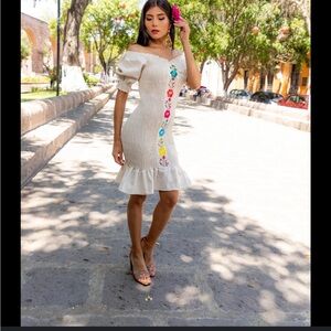 SoleiEthnic Mexican Off-Shoulder Embroidered Floral Smocked Bodycon Dress Large